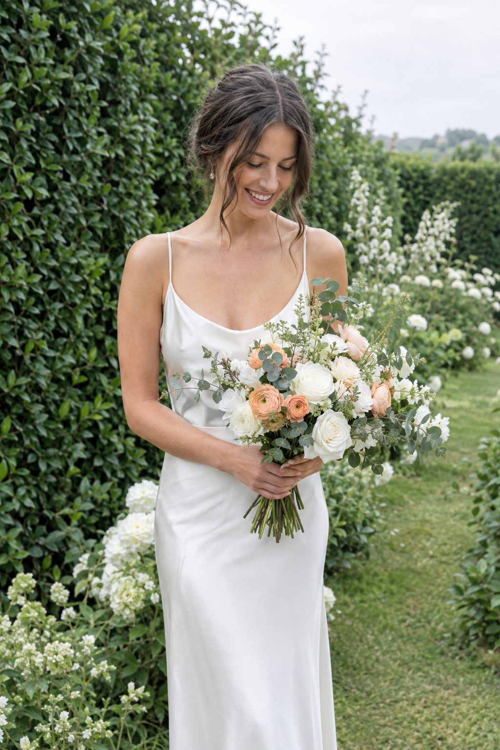 Bride with a bouquet of roses in a green garden in the Film 400 400 Signature look – before
