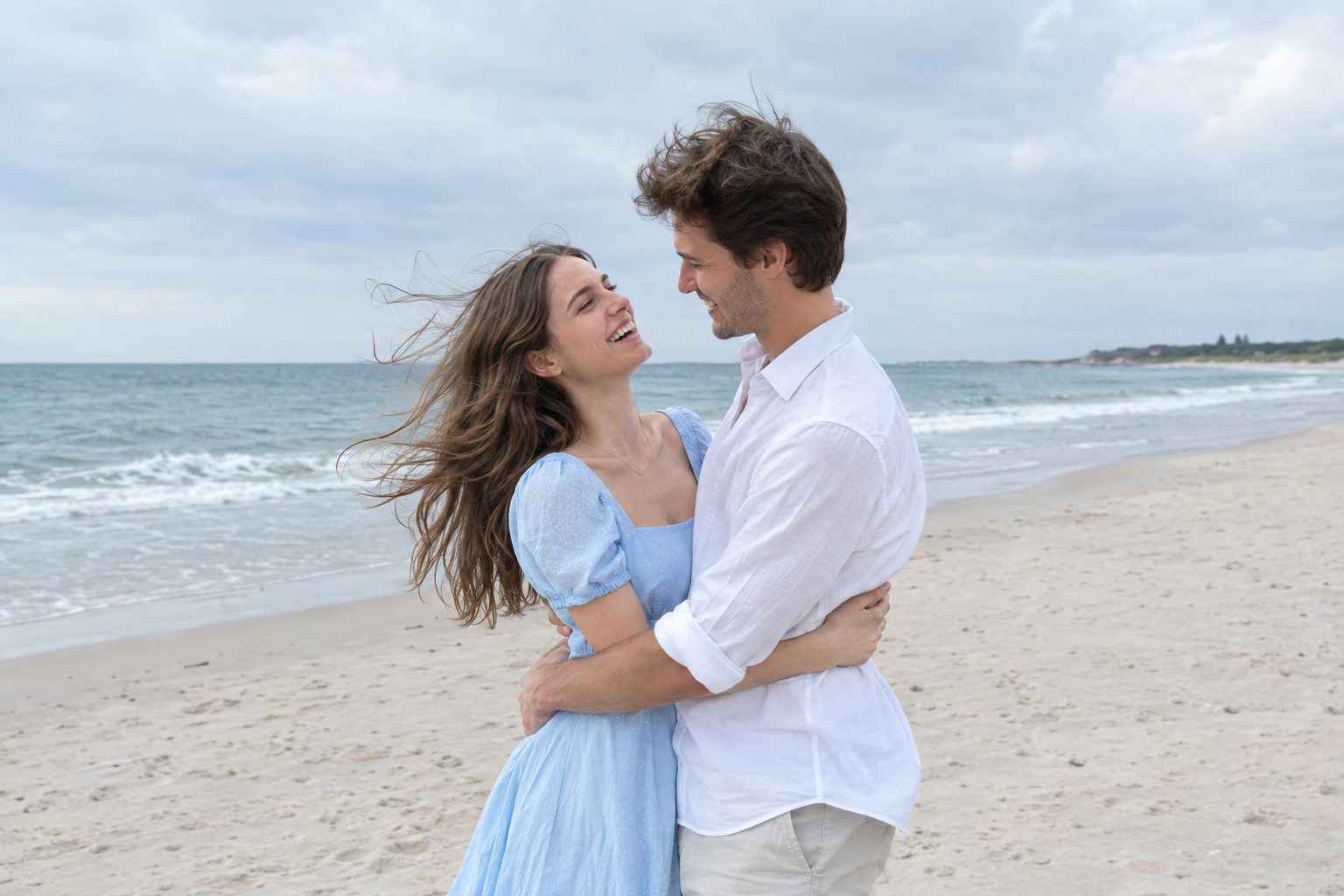 Couple hugging on a windy beach in the Film 400 Seaside look – before