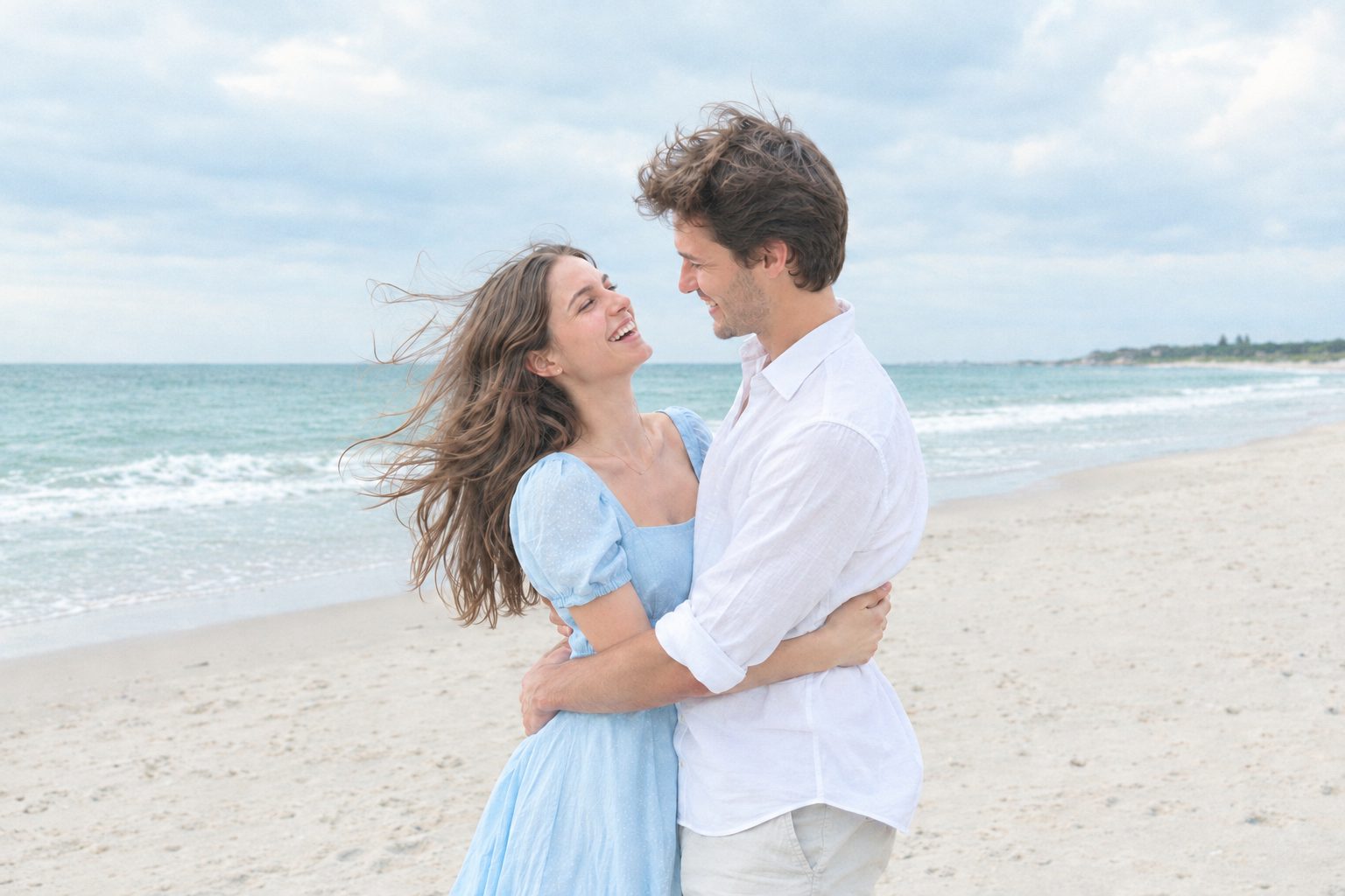 Couple hugging on a windy beach in the Film 400 Seaside look – after