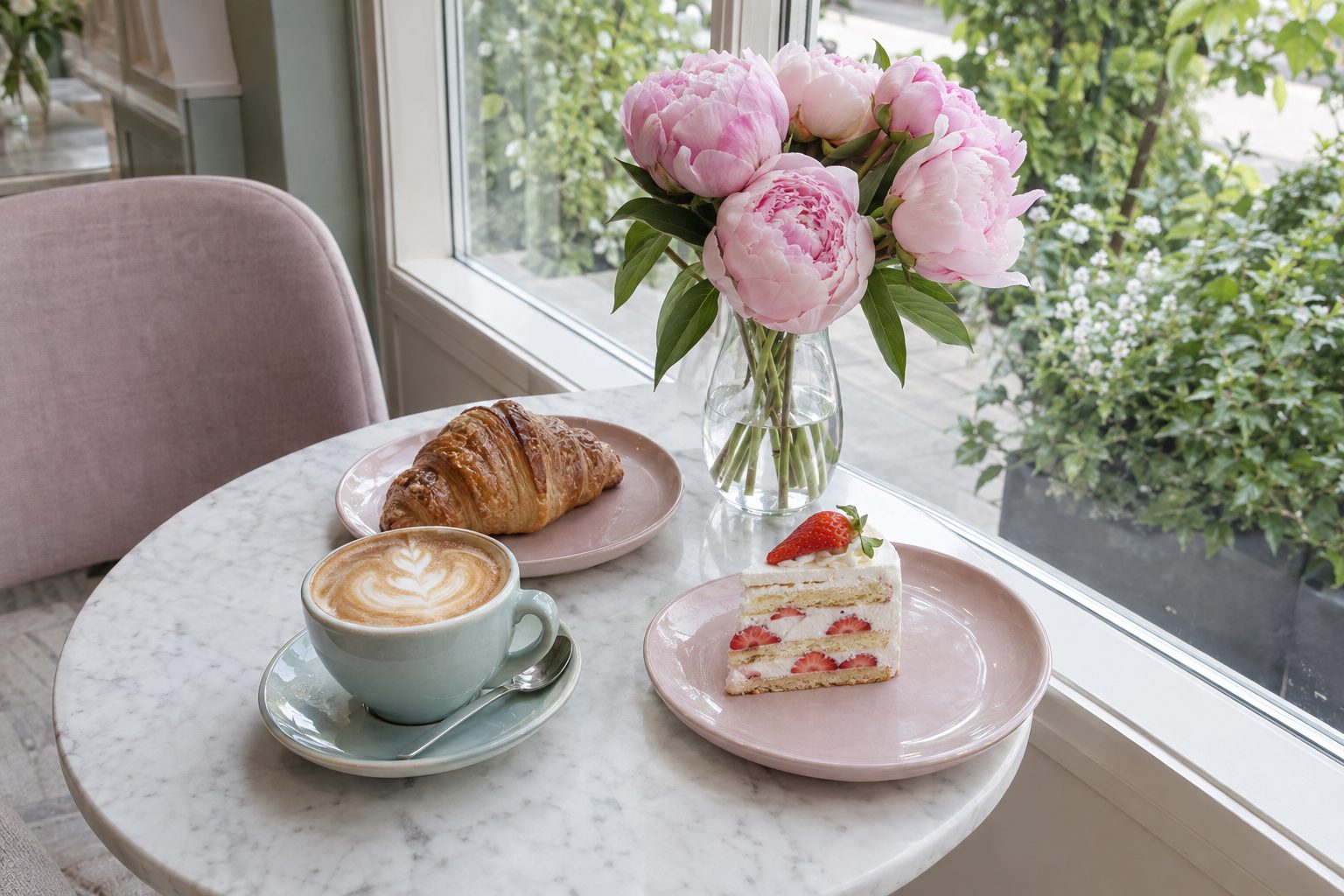 Cappuccino, croissant and peonies on a café table in the Film 400 Café look – before