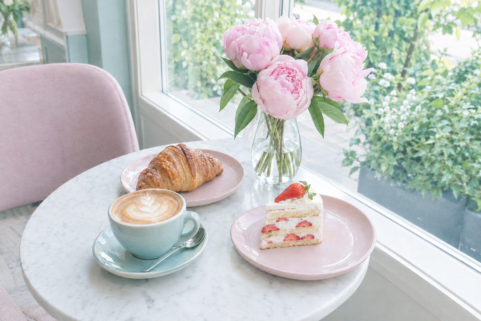 Cappuccino, croissant and peonies on a café table in the Film 400 Café look – after