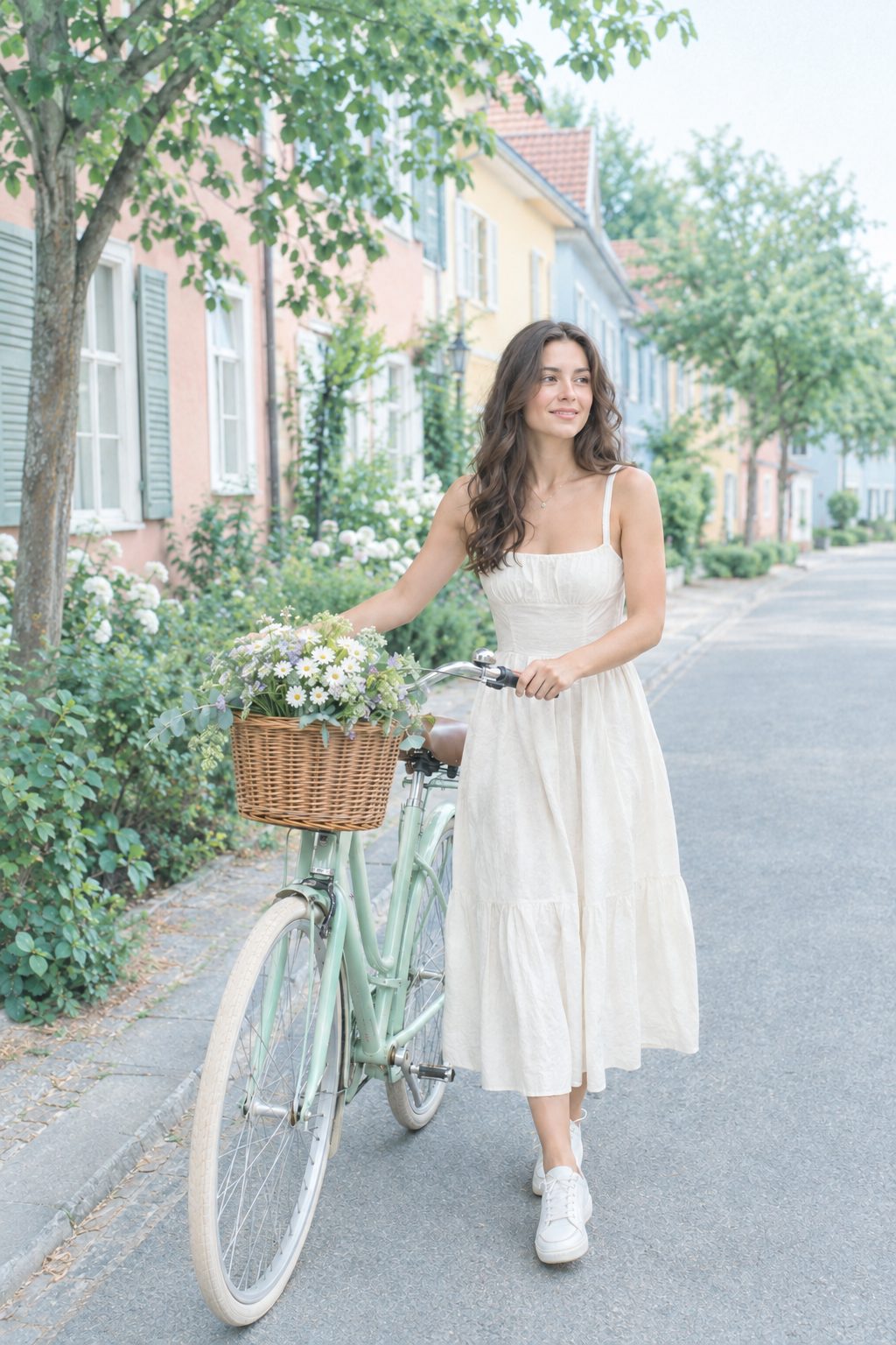 Girl with a mint bicycle on a pastel street in the Film 400 Mint look – after