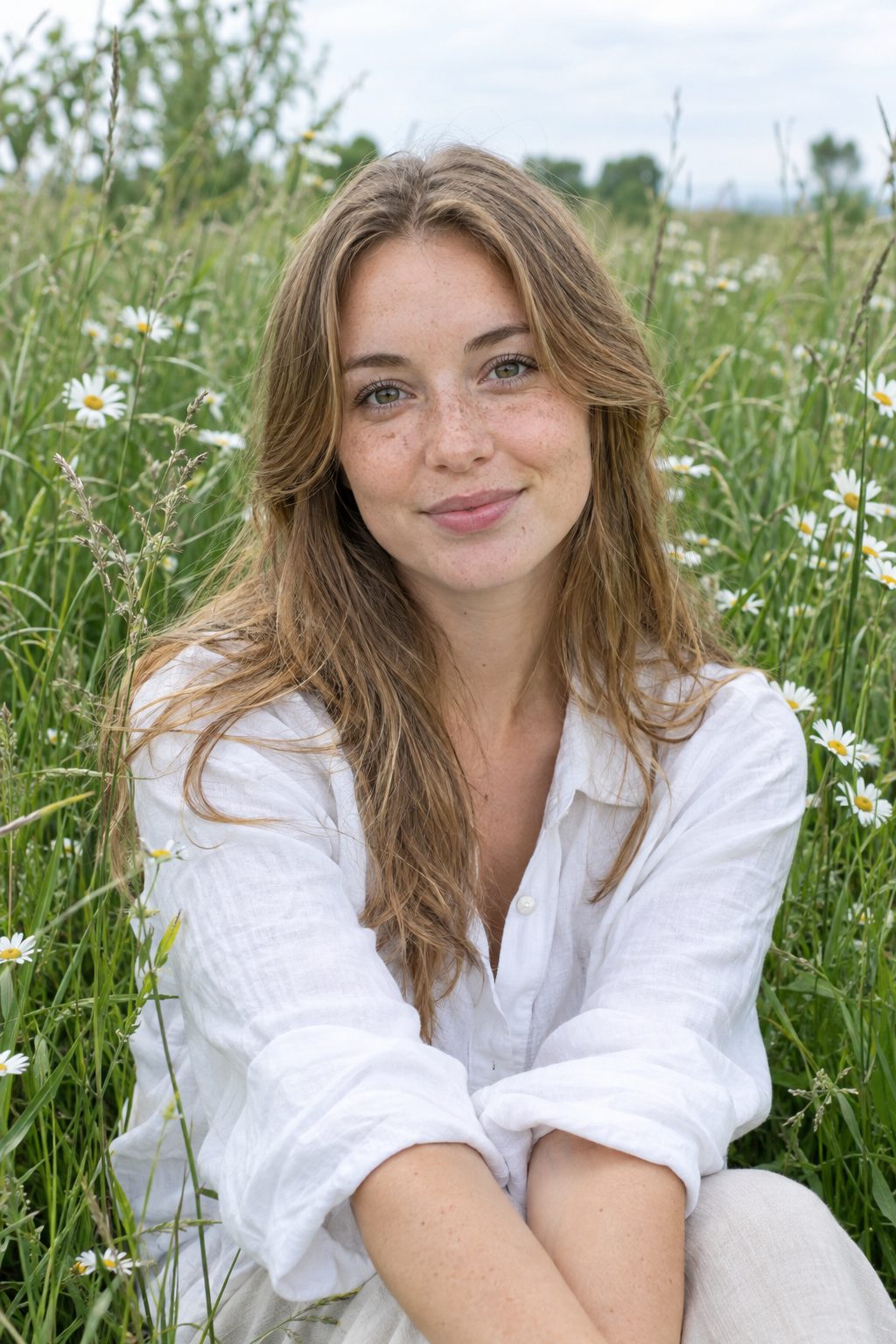 Freckled girl in a daisy meadow in the Film 400 Blush look – before