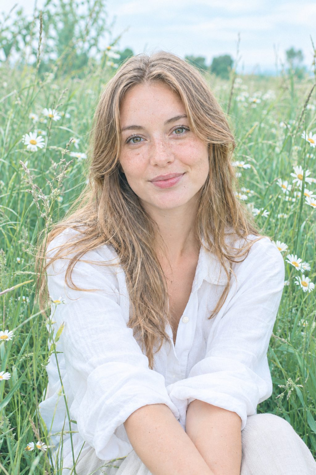 Freckled girl in a daisy meadow in the Film 400 Blush look – after