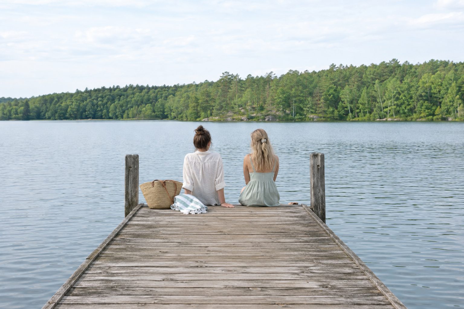 Two friends on a wooden lake pier in the Film 400 Overcast look – before