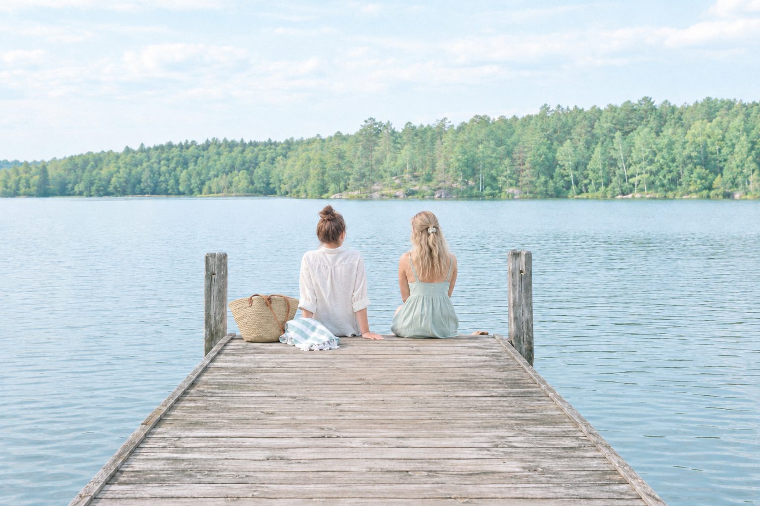 Two friends on a wooden lake pier in the Film 400 Overcast look – after