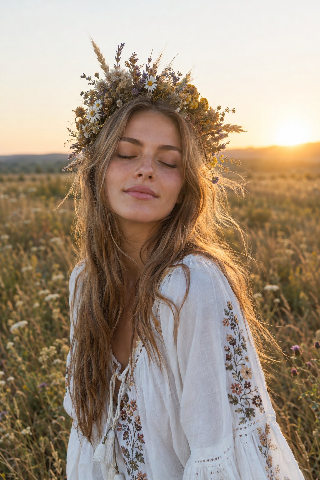 Portrait with a dried-flower crown in a meadow in the Golden Boho Wildflower look – before