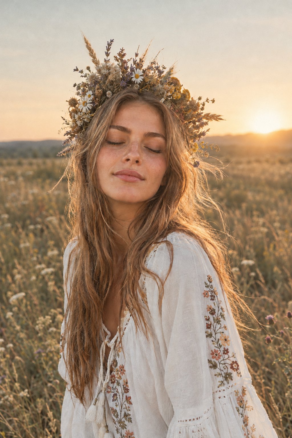 Portrait with a dried-flower crown in a meadow in the Golden Boho Wildflower look – after
