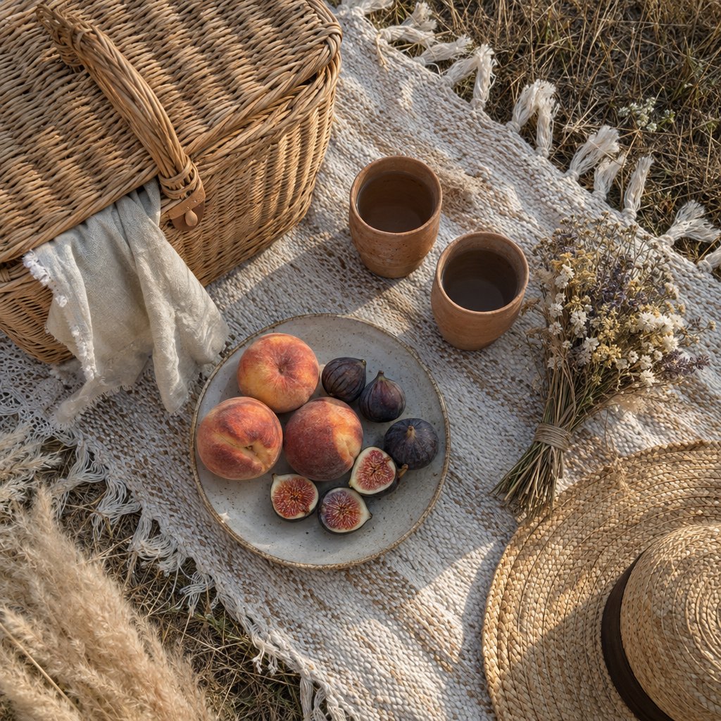 Boho picnic flat lay with figs and clay cups in the Golden Boho Macramé look – before