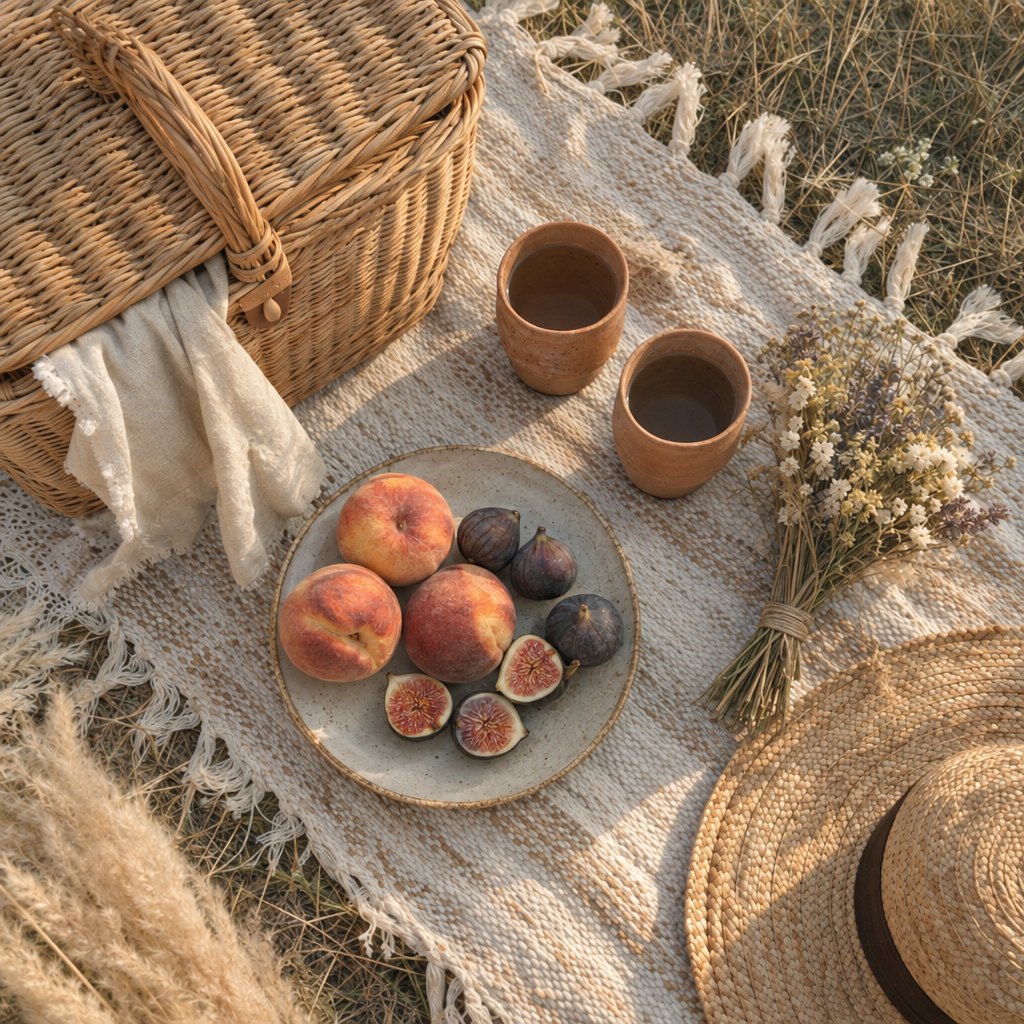 Boho picnic flat lay with figs and clay cups in the Golden Boho Macramé look – after