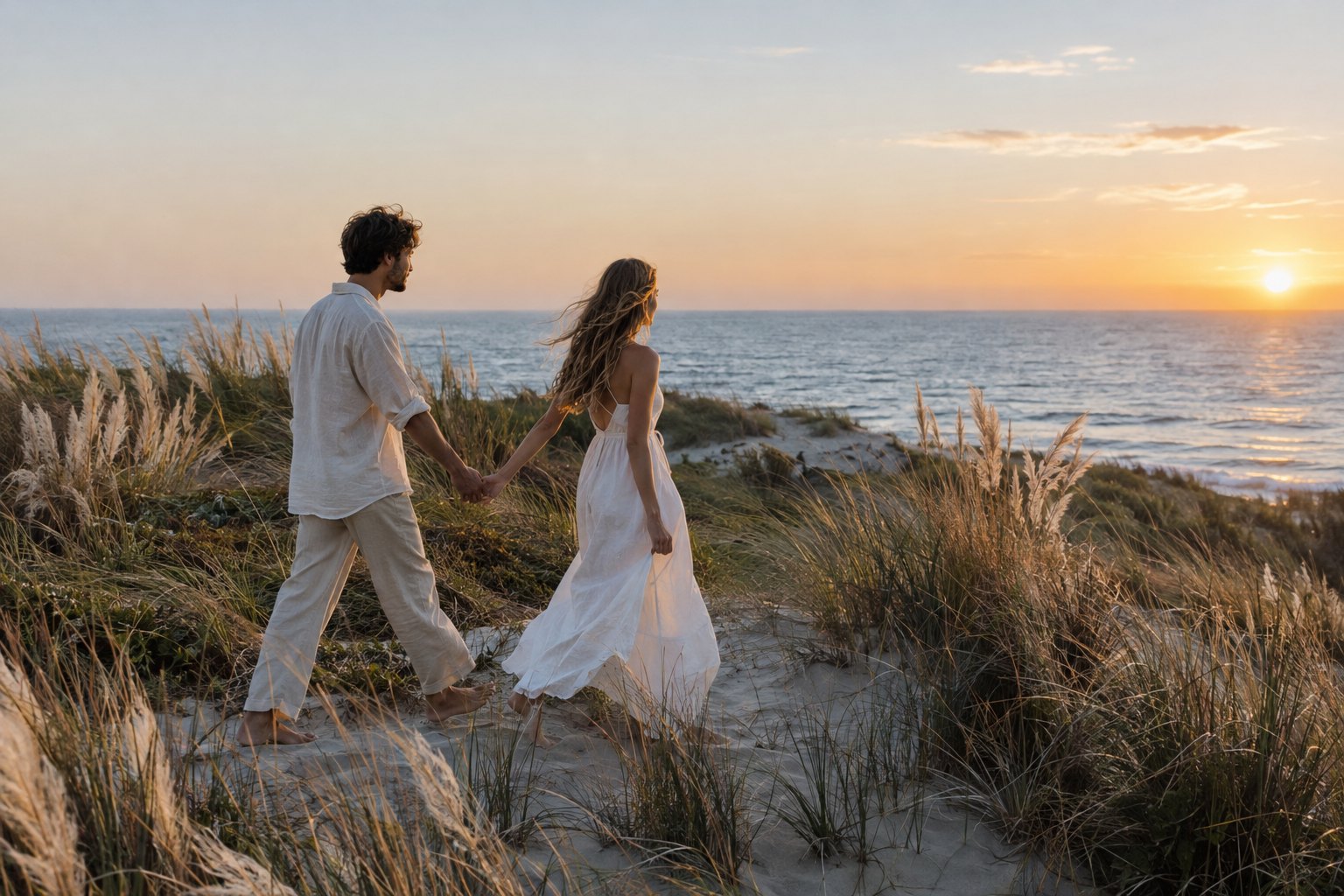 Couple walking over the dunes at golden hour in the Golden Boho Dune look – before
