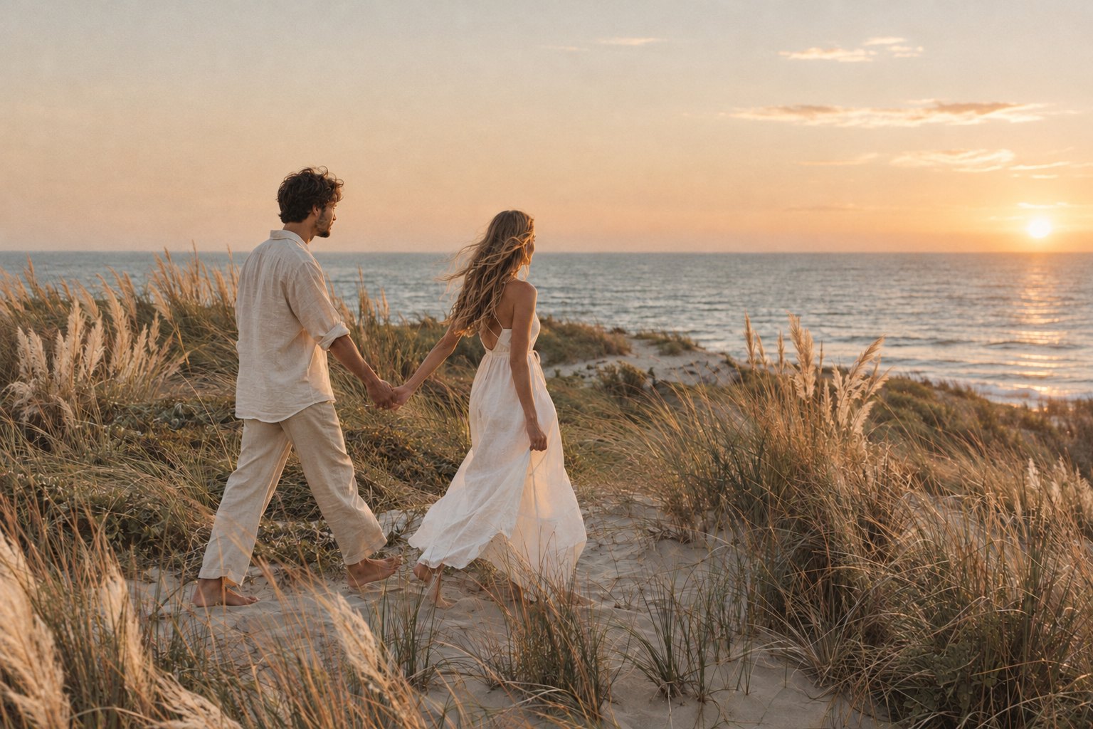 Couple walking over the dunes at golden hour in the Golden Boho Dune look – after